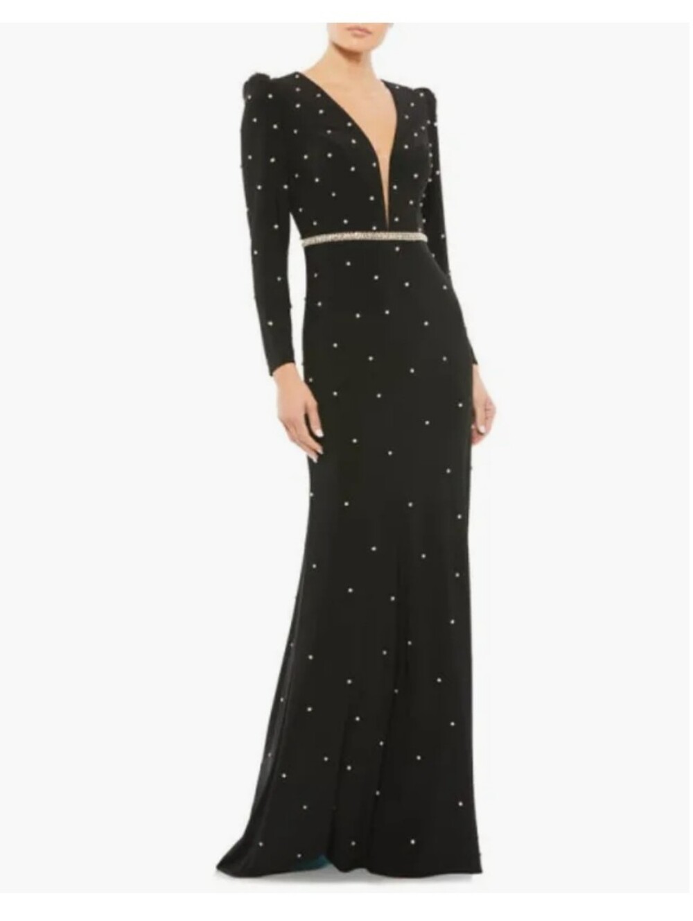 Mac Duggal 55797 Black Rhinestone Long-Sleeve V-Neck Evening Gown